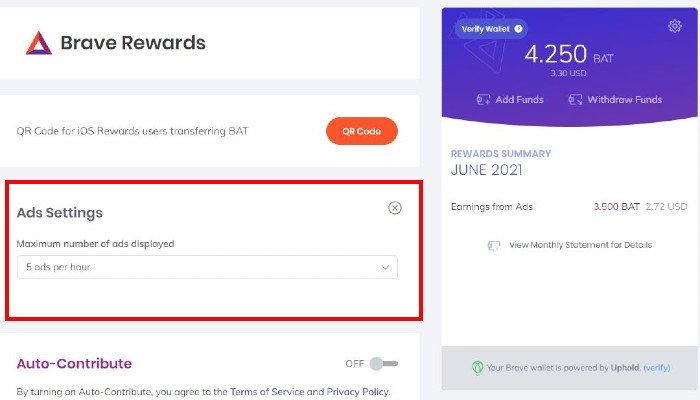 Earn Crypto Brave Ads Settings