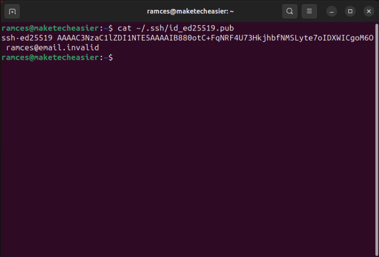 A terminal showing an example SSH public key.