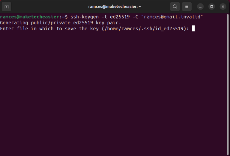 A terminal showing the file location prompt for a new SSH key.