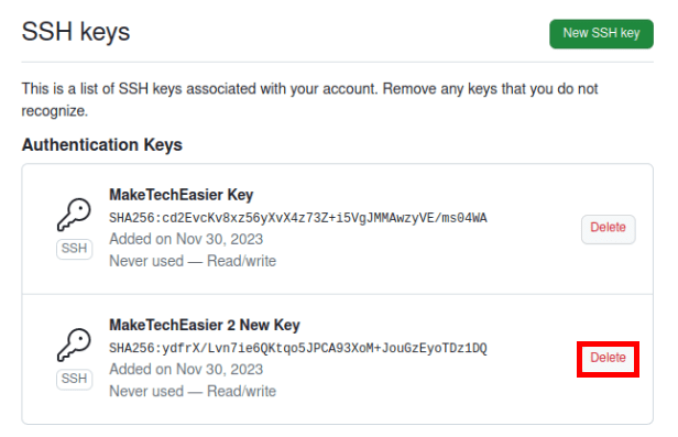 A screenshot highlighting the Delete button for the newly modified SSH key.