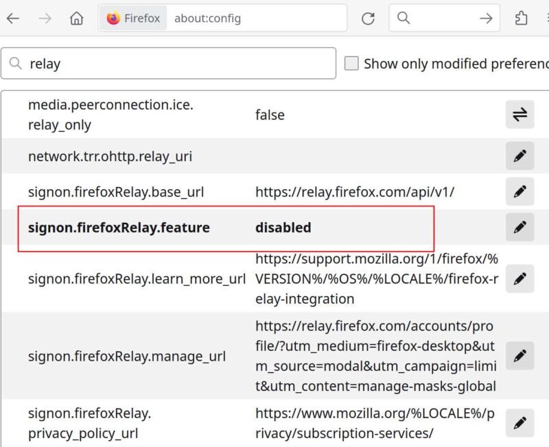 Firefox Relay About Config Option