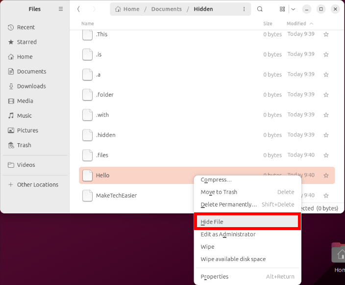 A screenshot showing the Hide File option in the Nautilus context menu.
