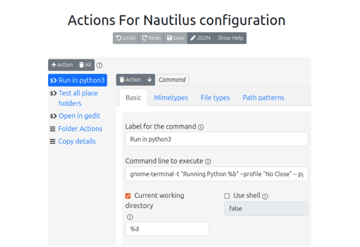 A screenshot showing the Actions for Nautilus config page.