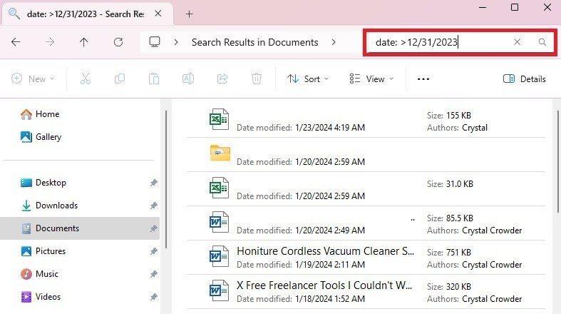 Windows search filter to search for files created or modified after December 2023.