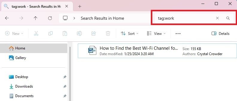 Using Windows search filters to search for files tagged with the word work.